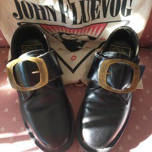 RARE NEW Vintage 80's FLUEVOG Black Brass Buckle Shoes with Dr. Martens  WUS 6.5